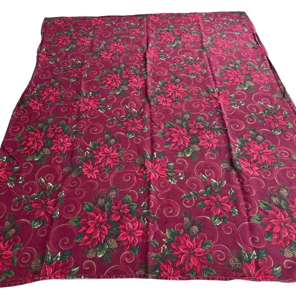 Christmas tablecloth thick cotton blend poinsettias red green gold vintage 1980s